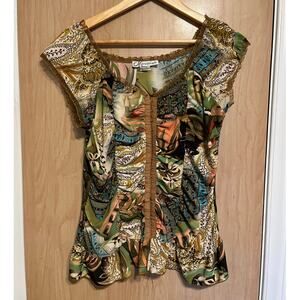 Vintage Y2K Ruched Cap Sleeve Blouse Paisley Sz Medium Medieval Renaissance